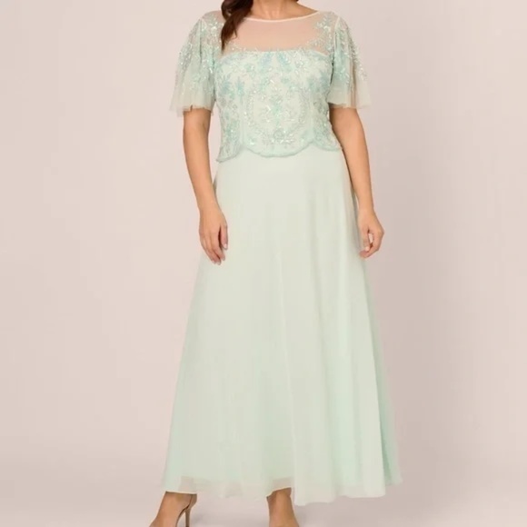Adrianna Papell. Hand-beaded Illusion Long Gown With Flutter Sleeves. - Picture 1 of 11